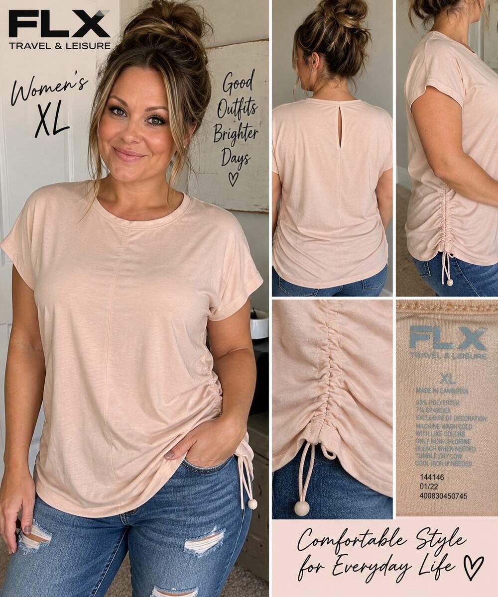 FLX Travel Leisure Women’s XL Beige Blush Ruched Side Drawstring Short Sleeve